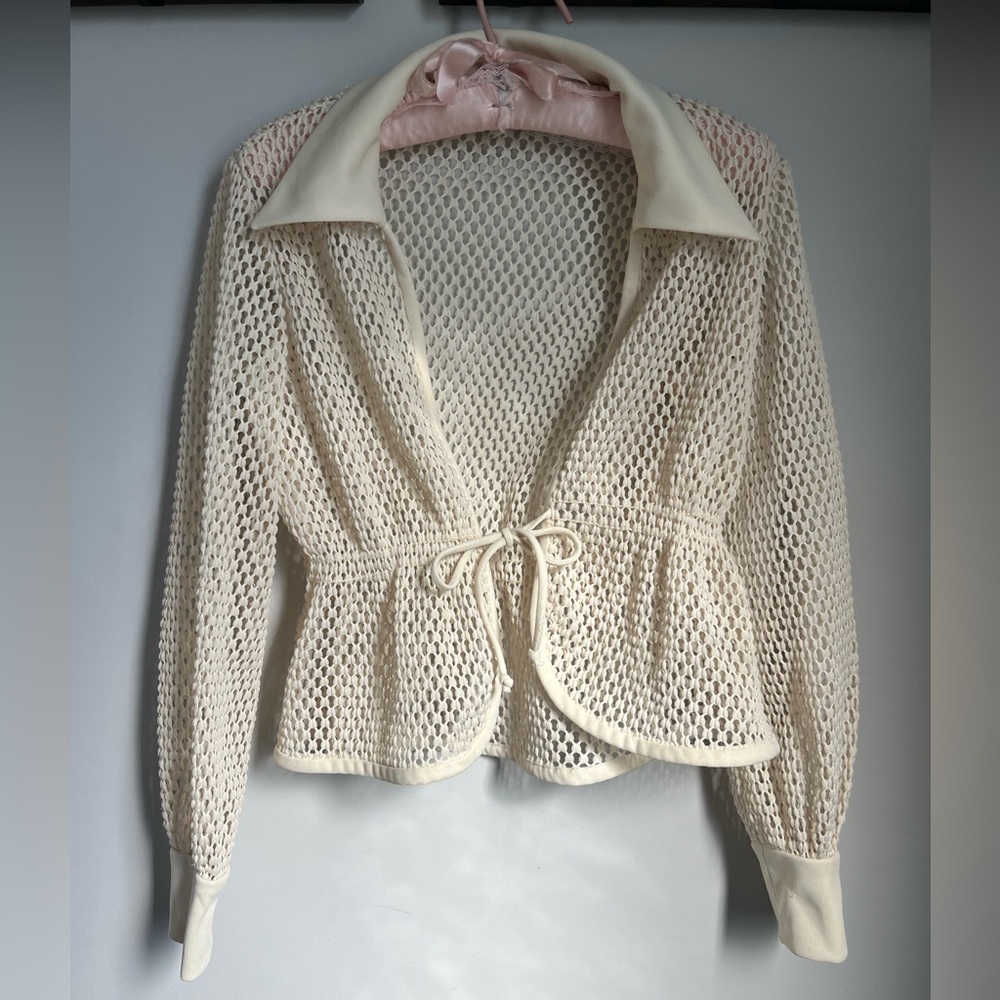 70s Cream Polyester Mesh Cardigan